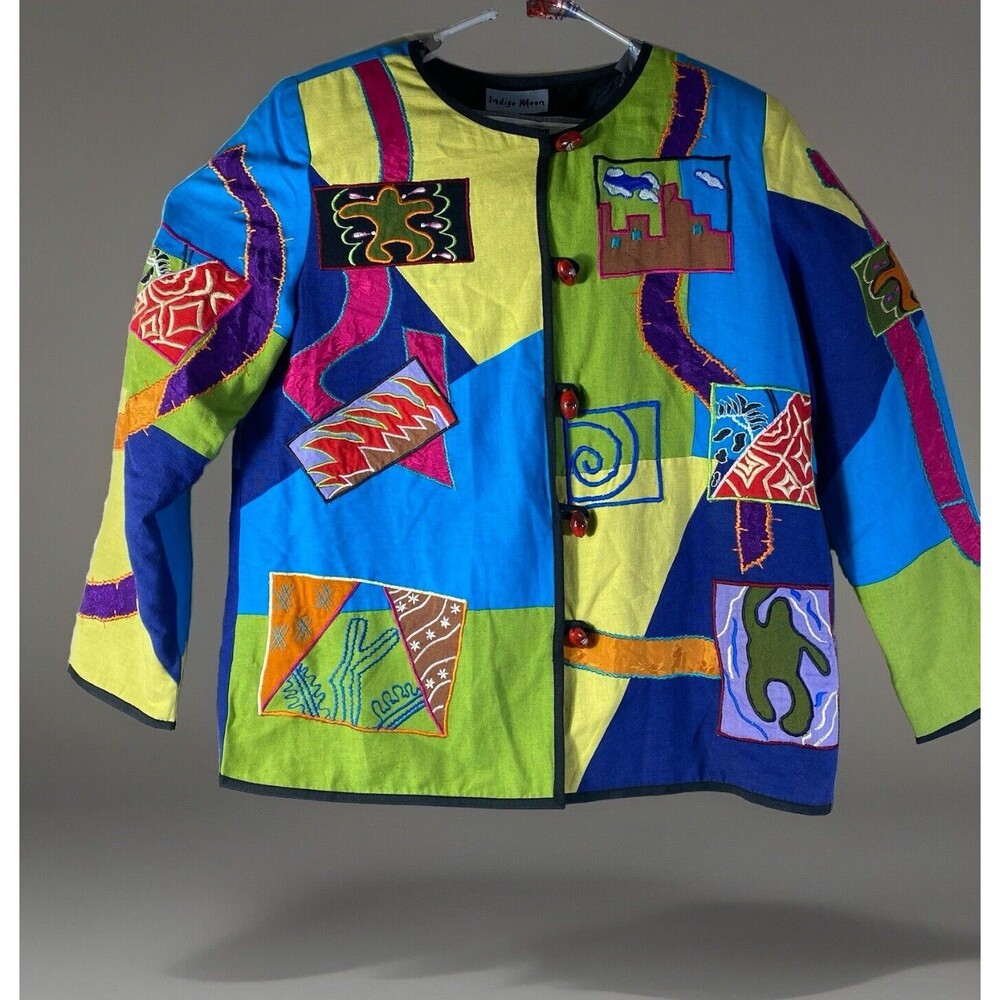 Indigo Moon Patchwork Jacket Women Small Flax Blend Beaded Button Art Retro Boho